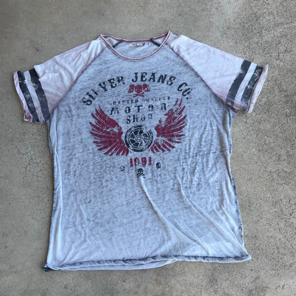 Silver Jeans Co Graphic Tee Women XL Gray Excellent Motor Shop Burnout Raglan